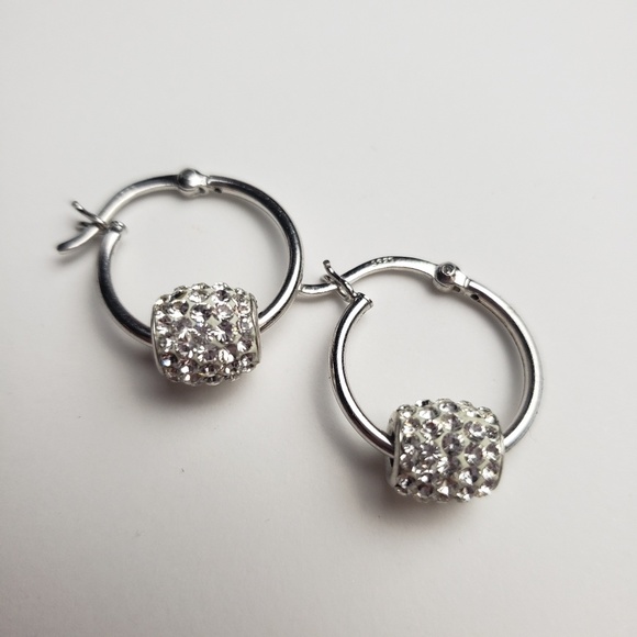 Sterling Silver White CZ Bead Hoop Earrings - Picture 4 of 8